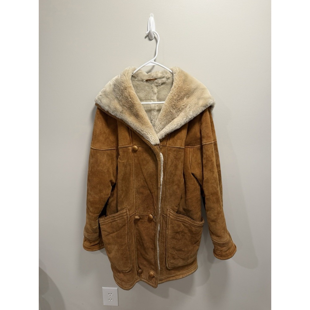 Limited Vintage Brown Suede and Leather Faux Shearling Hooded Coat Medium